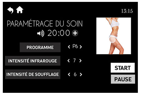 interface de paramétrage du soin anti-cellulite infrarouge corps
