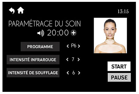 interface de paramétrage du soin du visage par infrarouge